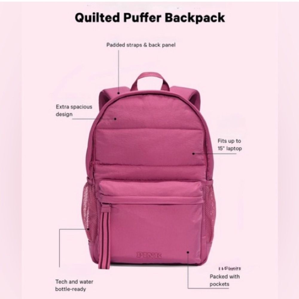 Victoria’s Secret Pink quilted rose my pink Backpack bag travel school NWOT! - Picture 3 of 15